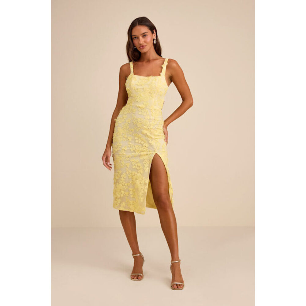 Lulus Regina Light Yellow Floral Embroidered Tie-back Midi Dress - Size XS